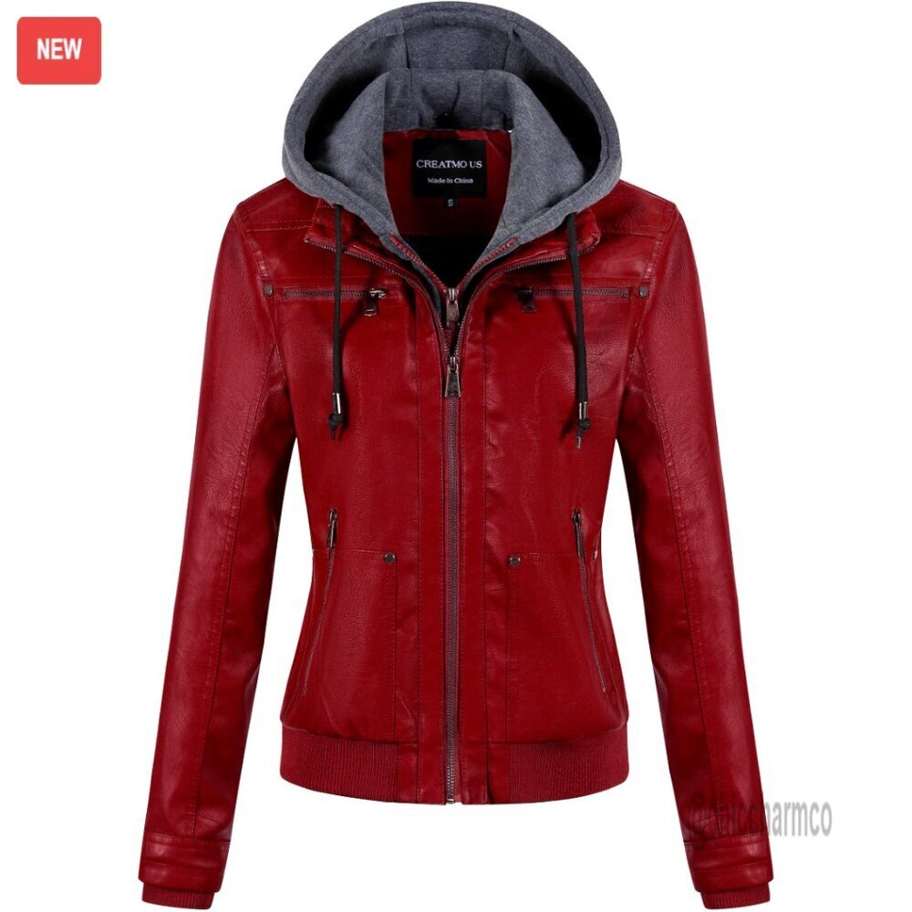 Faux Leather Motorcycle Jacket Waterproof Bomber Vintage Removable Hood